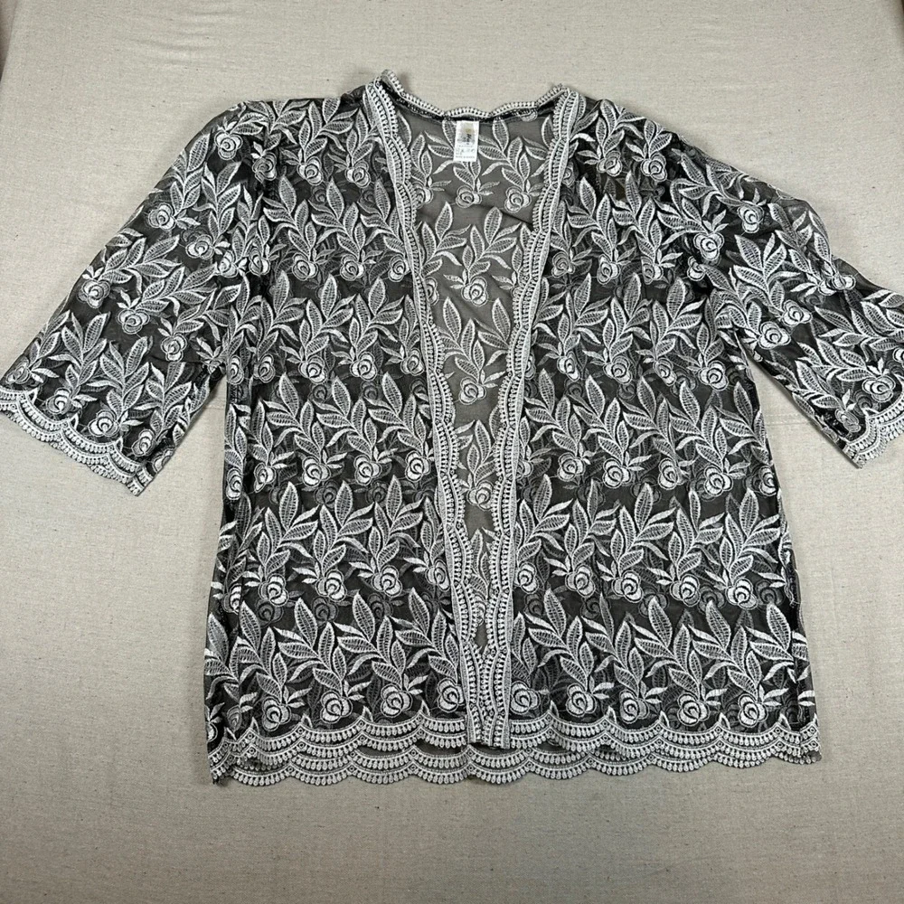 Black White Floral Lace Sheer Open Front Kimono Cardigan Korea Gothic Embroidery